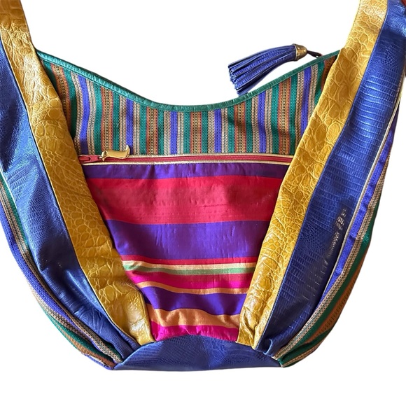 SHARIF Made in USA Multicolor Leather & Fabric Oversized BOHO Shoulder Bag Tote - Picture 4 of 9